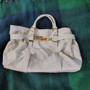 white leather handbag by Rachel Zoe featuring gold-toned buckles.